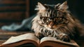A cat with glasses reading a book Royalty Free Stock Photo