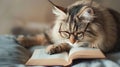 A cat with glasses reading a book Royalty Free Stock Photo