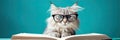 cat in glasses reading a book on blue background, we banner format Royalty Free Stock Photo