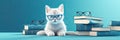 cat in glasses reading a book on blue background, we banner format Royalty Free Stock Photo