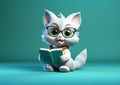 cat with glasses reading a book blue green background, generative ai Royalty Free Stock Photo