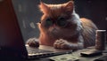 Cat with glasses sits at a laptop. IT. AI generative Royalty Free Stock Photo