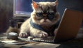 Cat with glasses sits at a laptop. IT. AI generative Royalty Free Stock Photo