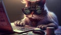 Cat with glasses sits at a laptop. IT. AI generative Royalty Free Stock Photo