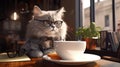 A cat with glasses sitting in a chair in a cafe with a cup of coffee