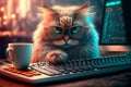 A cat in glasses with a white cup of coffee sits at a laptop. Programming concept. Royalty Free Stock Photo