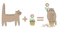 Cat goes to play with a pot. Flower in a pot. Then the animal sits in a pot, tears a flower. Pet happy smiling. Vector