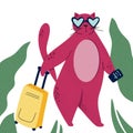 Cat goes to trip. Color flat hand drawn  character. Palm, passport, suitcase clipart. Isolated scandinavian cartoon illustration Royalty Free Stock Photo