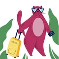 Cat goes to trip. Color flat hand drawn character. Palm, passport, suitcase clipart. Isolated scandinavian cartoon illustration of