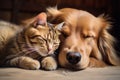 Cat and Golden Retriever lying together on the wooden floor, Cat and dog sleeping together, AI Generated Royalty Free Stock Photo