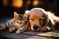 Cat and golden retriever snooze together in adorable harmony