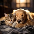 Cat and golden retriever snooze together in adorable harmony