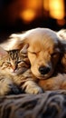 Cat and golden retriever snooze together in adorable harmony