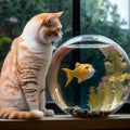 A cat and a goldfish in an aquarium on the windowsill, a fish with a cat\'s head,