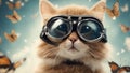 cat with googles A playful kitten with an amused expression, wearing a tiny aviator hat and goggles,