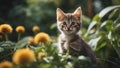 cat on the grass A curious kitten with an inquisitive look, sitting in a garden full of oversized, fuzzy plants