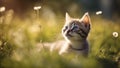 cat on the grass A delighted kitten with bright eyes, frolicking among floating dandelion seeds Royalty Free Stock Photo