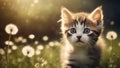 cat on the grass A delighted kitten with bright eyes, frolicking among floating dandelion seeds Royalty Free Stock Photo