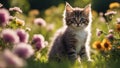 cat on the grass A fluffy Maine Coon kitten with wide, curious eyes, sitting in a sunlit garden