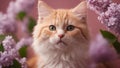 cat on the grass gallant red kitten with a soft, fluffy coat, posing elegantly beside a bouquet of fragrant lilacs, Royalty Free Stock Photo