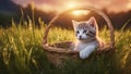 cat in the grass highly intricately detailed photograph of Cute little kitten wearing chaplet inside a basket Royalty Free Stock Photo