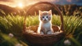 cat in the grass highly intricately detailed photograph of Cute little kitten wearing chaplet inside a basket Royalty Free Stock Photo