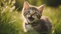 cat on grass Young funny kitten cat meowing in the green grass Royalty Free Stock Photo