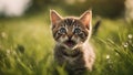 cat in grass Young funny kitten cat meowing in the green grass Royalty Free Stock Photo