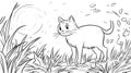 Cute Cat in Grass Line Drawing Outdoors, Moon in Sky, Black and White Sketch Royalty Free Stock Photo