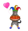 Cat gray clown holds cake and balloon Royalty Free Stock Photo