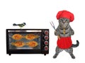 Cat gray in red hat cooks fish in oven Royalty Free Stock Photo