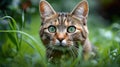 A cat with green eyes looking up at the camera in a field, AI Royalty Free Stock Photo