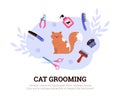 Cat grooming poster, cute cat with grooming equipment - flat vector illustration on white background.