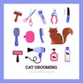 Cat grooming salon banner or card with brushed cat flat vector illustration.
