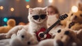 cat with guitar An adorable Scottish Straight kitten with tiny sunglasses, holding a toy electric guitar, Royalty Free Stock Photo