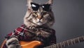 cat with guitar Cat Scottish Straight in sunglasses with electric guitar on gray background Royalty Free Stock Photo