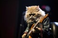 cat, with guitar slung across its back and full of rockstar swagger, performing onstage