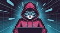 Cat hacker in a hoodie working on laptop with digital data stream Royalty Free Stock Photo