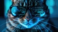 Cat hacker works in dark room, computer code reflected in his glasses. Concept of spy, ransomware, cyber technology, hack, Royalty Free Stock Photo