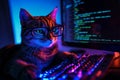 A cat hacker works in a dark room, the glow of digital data reflecting off its glasses, illustrating concepts of spying