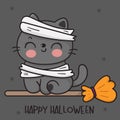 Cat Halloween on broom baby kitten animal. Cute Witch cartoon character (Kawaii vector).