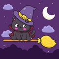 Cat Halloween Happy and broom. Cute Witch cartoon Kawaii vector Royalty Free Stock Photo