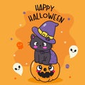 Cat Halloween pumpkin. Cute Witch cartoon Kawaii vector Royalty Free Stock Photo