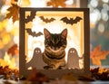 Cat in Halloween Shadowbox with Bats and Ghosts Royalty Free Stock Photo