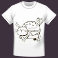 Cat hamburger doodle style screen pattern on white round neck shirt