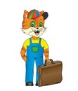 a cat handyman, a cat with tools in the paws, a cat will repair, a cat with a suitcase