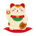 A cat of happiness, good luck, wealth, white, sits on a red pillow with coins in his hands, a bell and a bib.