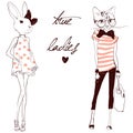 Cute cat and hare female characters