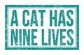 A CAT HAS NINE LIVES, words on blue rectangle stamp sign