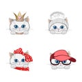 Cute white kitty princess in a crown, cap, bow and fur hat